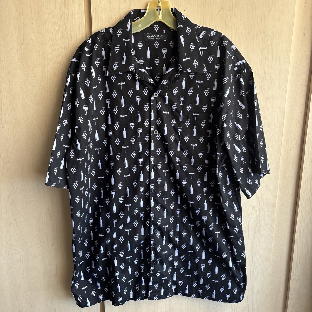 Chris's Stuff Shirt Men's Size XXL Wine Grapes Corkscew Print Cotton Black EUC
